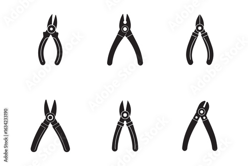 Set of Different Black and White Pliers Designs for Construction Maintenance and Repair Work Tools on White Background Minimalist Style