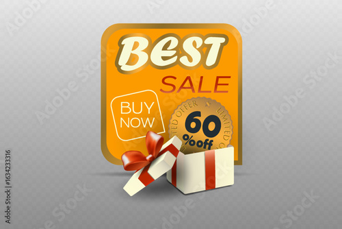 Best sale banner with gift box and buy now button.