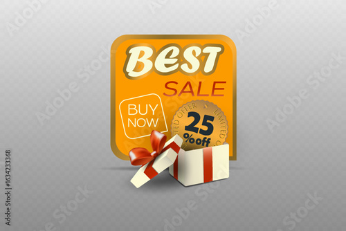 Best sale banner with gift box and buy now button.