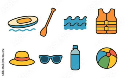 Paddleboarding Fun Icons. Flat vector mini-illustrations paddleboarding fun in colors children's illustrations