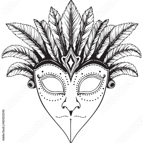 An elegant venetian masquerade mask adorned with feathers isolated on white background, perfect for carnival celebrations and mysterious events