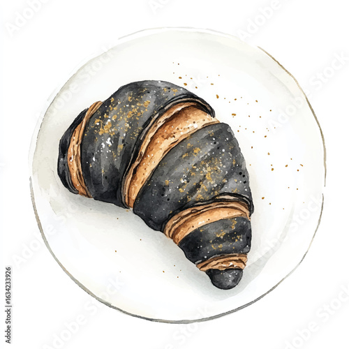 a cute Charcoal croissant with gold dust topping on it