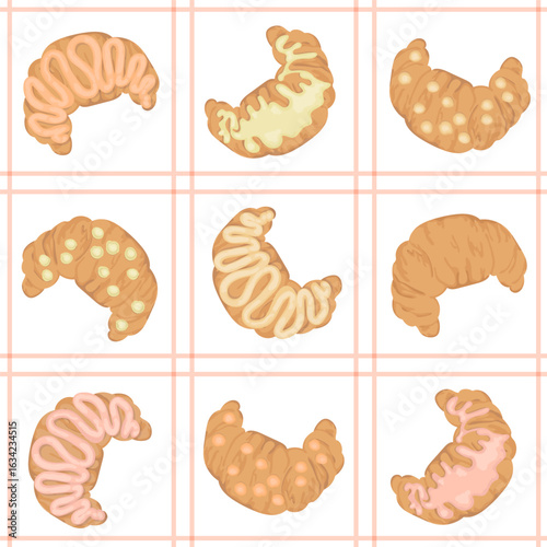 Fresh croissants with colored glazes seamless vector pattern. Fresh pastries cute print for textile, fabric, wrapping paper. Delicate illustration in flat style.