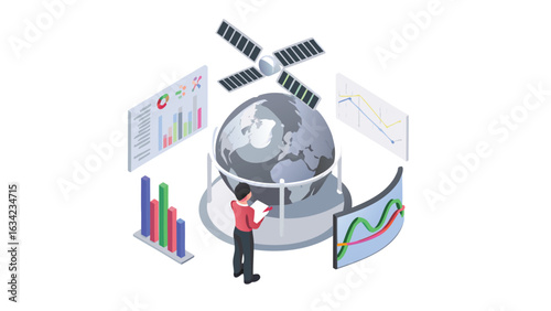 Isometric global data analysis with satellite, charts, and a person holding a document in hand