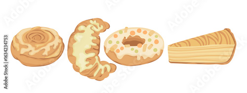 Donut, croissant with cream, cinnamon bun, delicious piece of cake illustration collection. Fresh pastries set of vector stickers in flat style.