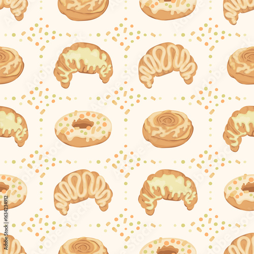 Fresh croissants, donuts and cinnamon rolls seamless vector pattern. Cute fresh pastries print for textile, fabric, wrapping paper. Delicate illustration in flat style.
