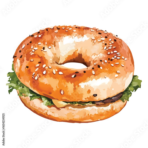 Watercolor illustration of a sesame seed bagel sandwich with watercolor.vector transparent background cutout