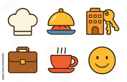 Hospitality Icons Grid. Flat vector mini-illustrations hospitality jobs in colors children's illustrations: