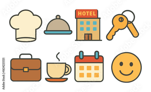 Hospitality Icons Grid. Flat vector mini-illustrations hospitality jobs in colors children's illustrations: