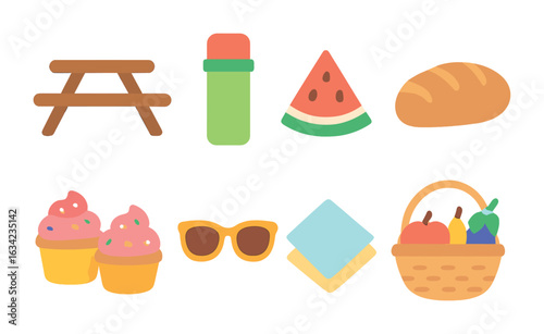 Family Picnic Icons. Flat vector mini-illustrations family picnic time in colors children's illustrations: