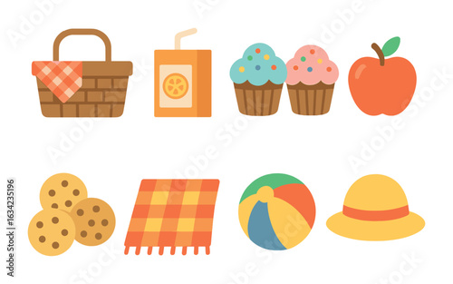 Kids Picnic Fun. Flat vector mini-illustrations kids picnic fun in colors children's illustrations: picnic