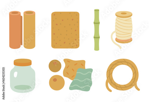 Eco Craft Supplies. Flat vector mini-illustrations eco-friendly craft supplies in colors children's