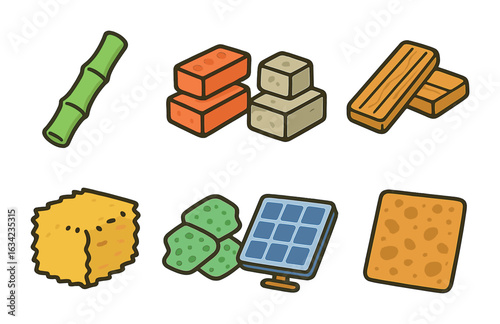 Eco-Friendly Construction Materials. Flat vector mini-illustrations sustainable building materials in colors