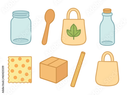 Children's Eco Icons. Flat vector mini-illustrations zero waste materials in colors children's illustrations: