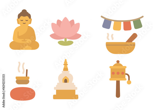 Buddhist Symbols Grid. Flat vector mini-illustrations spiritual practices in Buddhism in colors children's