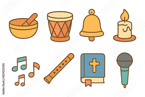 Sacred Music Icons. Flat vector mini-illustrations sacred music and chanting in colors children's