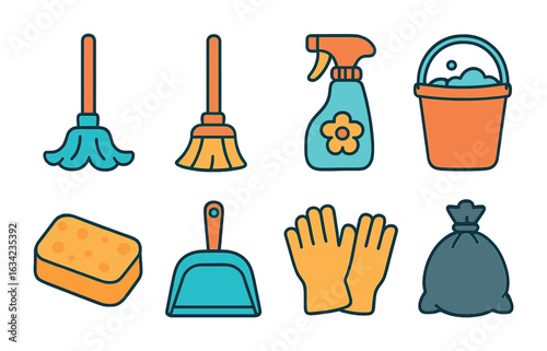 Spring Cleaning Icons. Flat vector mini-illustrations spring cleaning at home in colors children's
