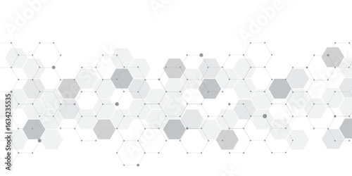 Molecular structure abstract tech background. Geometric white background. Vector banner design with hexagons. Science network pattern, connecting lines and dots Medical background, Vector illustration