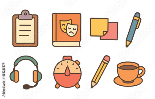 Theatre Rehearsal Tools. Flat vector mini-illustrations theatre rehearsal essentials in colors children's