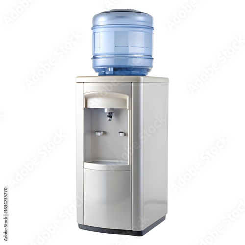 Modern water cooler dispenser with a large blue water bottle on top, isolated on white background