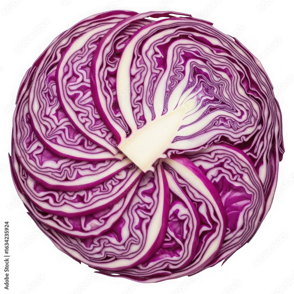 Fototapeta premium Cross section of a red cabbage isolated on transparent background, showing the beautiful pattern and texture