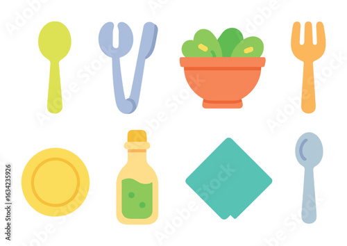 Colorful Salad Tools. Flat vector mini-illustrations salad serving tools in colors children's illustrations: