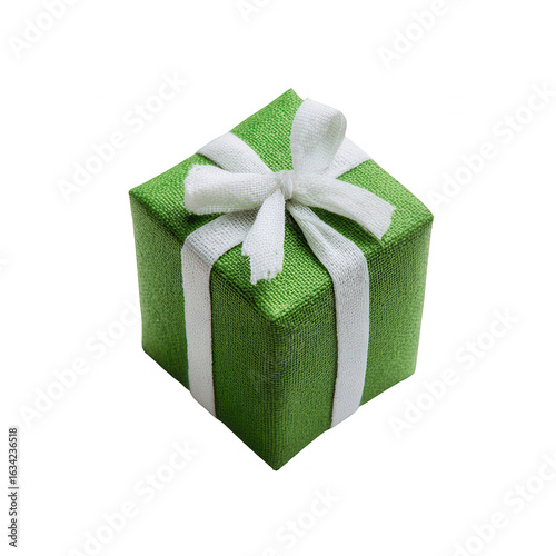 A festive green gift box adorned with a white ribbon, perfect for celebrations, holidays, or special occasions. Isolated on a white background.