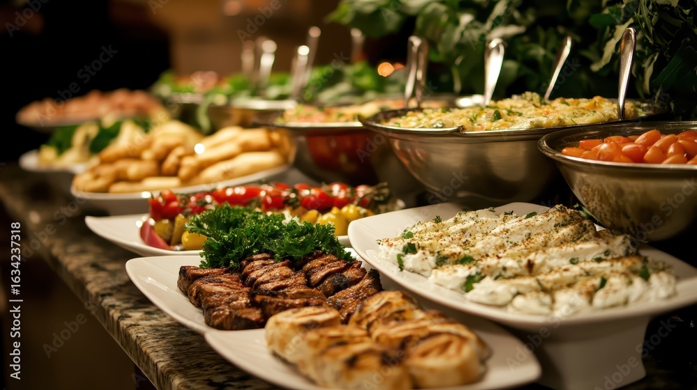 Obraz premium Exquisite Buffet Spread with a Variety of Tasty Dishes and Sides