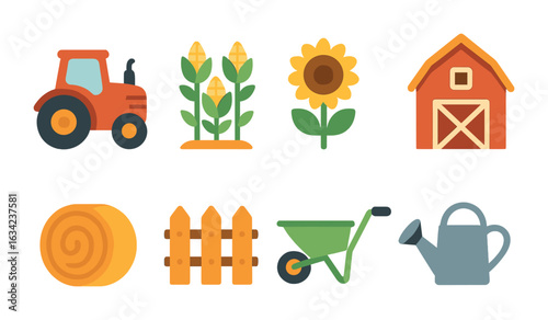 Children's Farm Icons. Flat vector mini-illustrations rural farm scenery in colors children's illustrations: