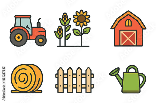 Children's Farm Icons. Flat vector mini-illustrations rural farm scenery in colors children's illustrations: