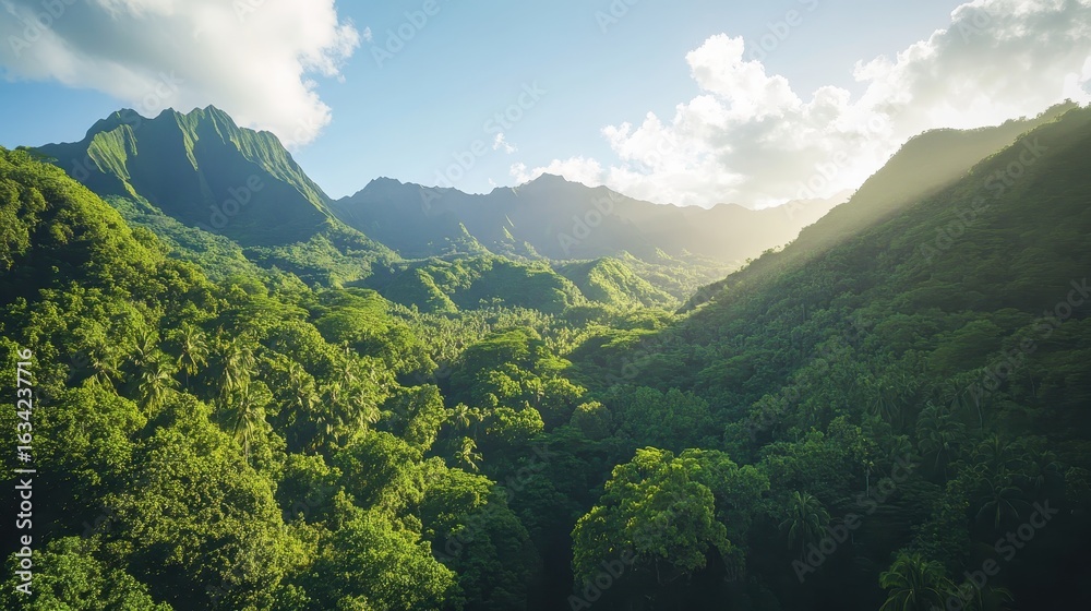 Fototapeta premium Lush Green Mountain Landscape Under Bright Blue Sky at Sunrise