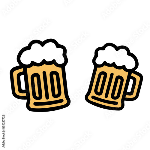 Illustration of two beer mugs with foam, outlined in black and gold, on a white background design