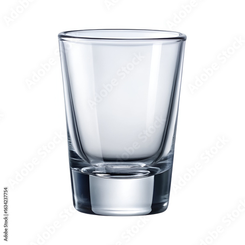 An empty, clear shot glass isolated on a white background, ideal for representing alcoholic beverages and bar culture