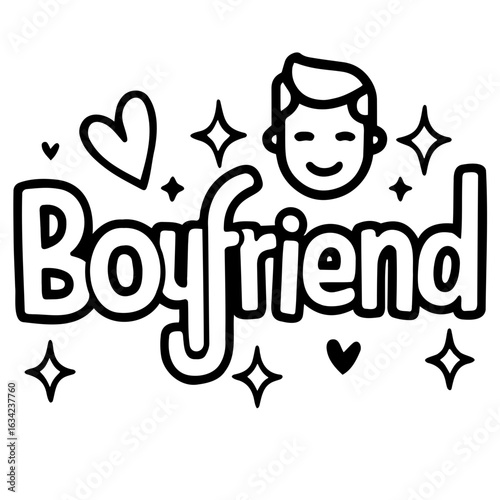 Illustration of the word boyfriend with a heart, stars and a smiling face graphic element design