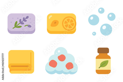 Scented Soap Delight. Flat vector mini-illustrations scented soap varieties in colors children's illustrations