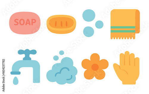 Colorful Soap Essentials. Flat vector mini-illustrations bathroom soap essentials in colors children's