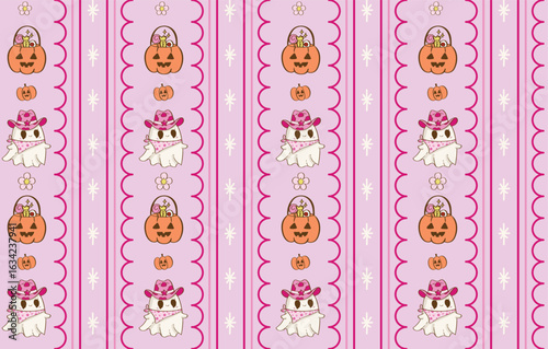 Vertical Stripe Pumpkin and Ghost Seamless Pattern, Kawaii Halloween Doodle Style