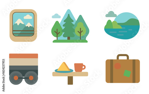 Scenic Train Adventure. Flat vector mini-illustrations scenic train journeys in colors children's