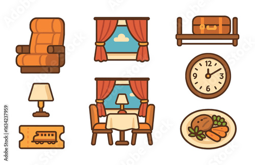 Luxury Train Interiors. Flat vector mini-illustrations luxury train interiors in colors children's