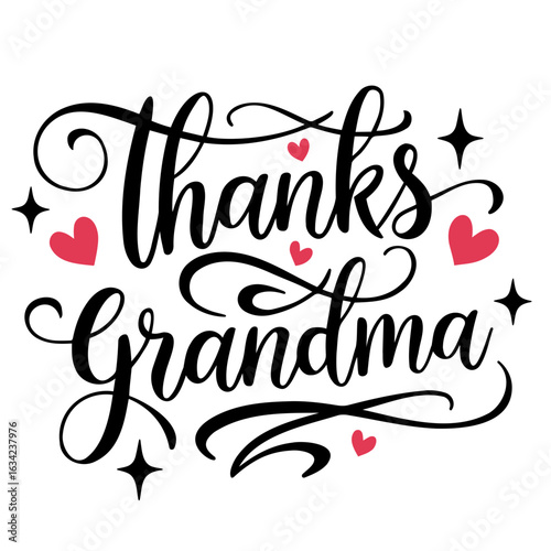 Thanks grandma decorative text with hearts and stars in black and pink elegant calligraphy design