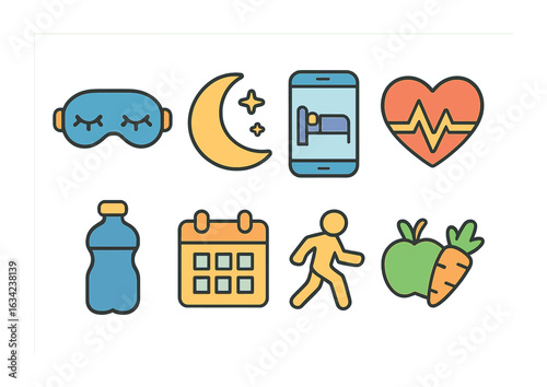 Sleep and Health Icons. Flat vector mini-illustrations sleep and recovery tracking in colors children's