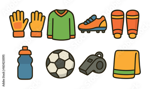 Children's Goalkeeper Gear Icons. Flat vector mini-illustrations goalkeeper gear in colors children's