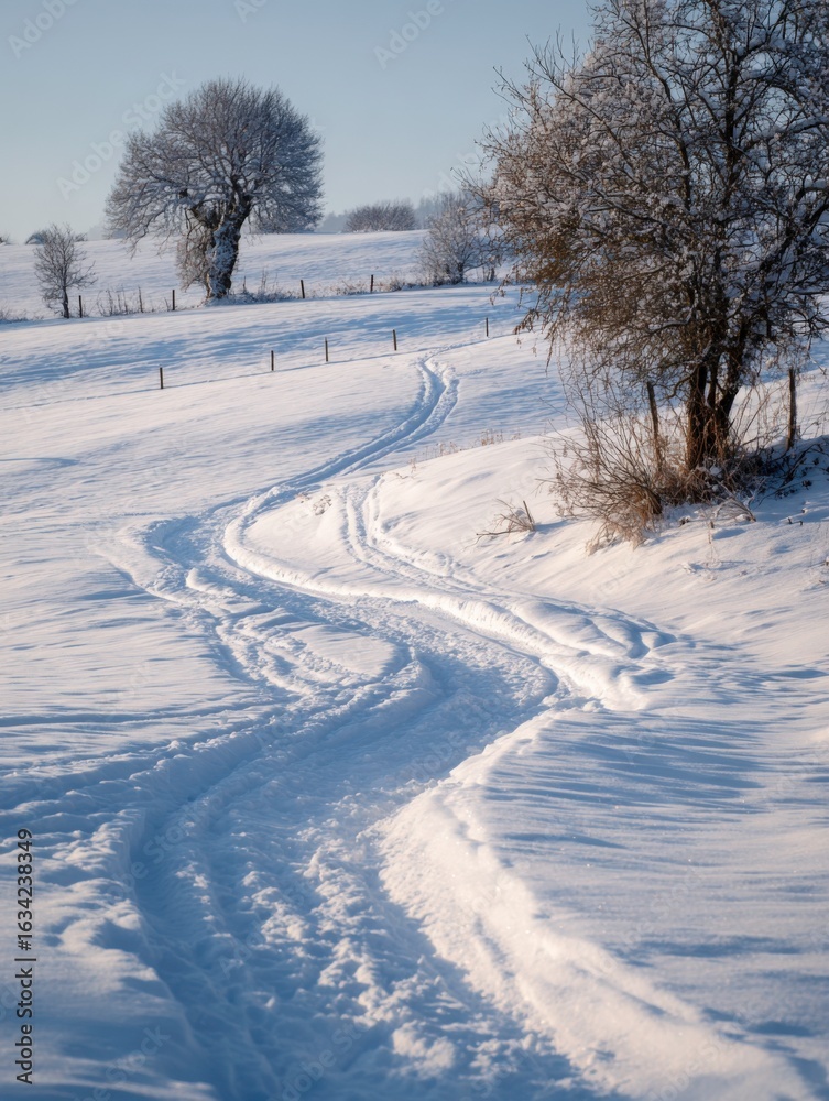 Obraz premium Snowy path winding through a winter landscape