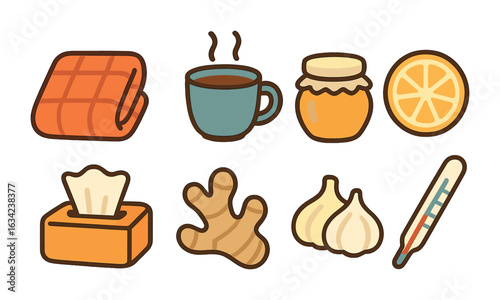 Kids' Flu Comforts. Flat vector mini-illustrations home flu comfort items in colors children's illustrations: