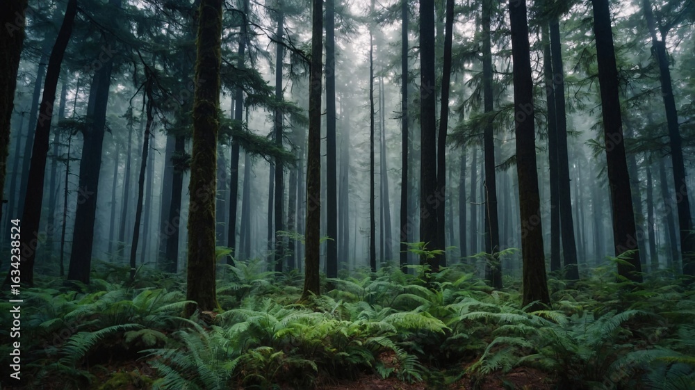 Fototapeta premium A serene forest scene enveloped in mist, showcasing tall evergreen trees and lush ferns.