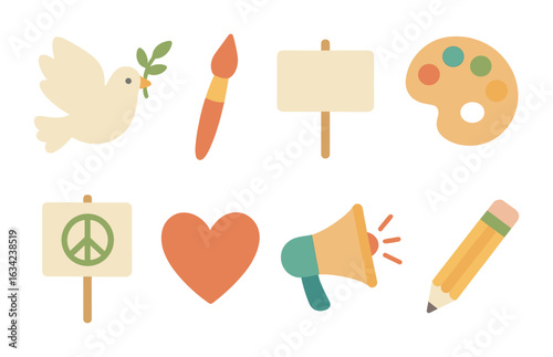 Symbols of Peace. Flat vector mini-illustrations art and peace movements in colors children's illustrations: