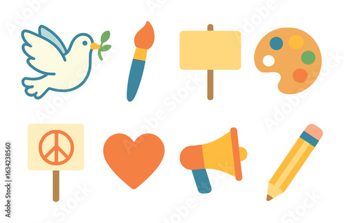 Symbols of Peace. Flat vector mini-illustrations art and peace movements in colors children's illustrations: