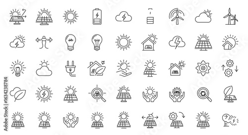 Collection of solar power and renewable energy icons.