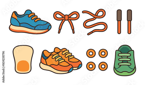 Colorful Athletic Shoe Icons. Flat vector mini-illustrations athletic shoe lacing in colors children's
