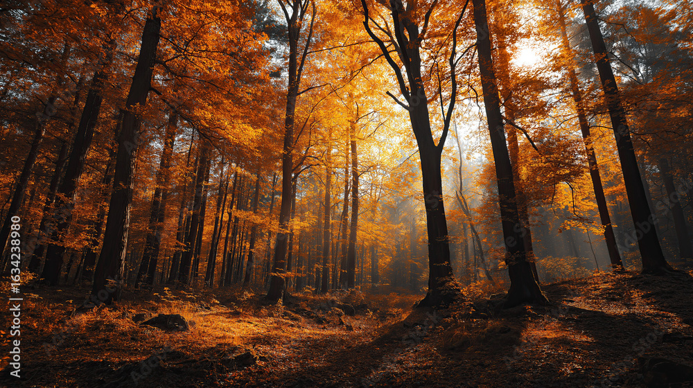 Obraz premium Autumn forest with golden leaves, sunlight filtering through orange canopy